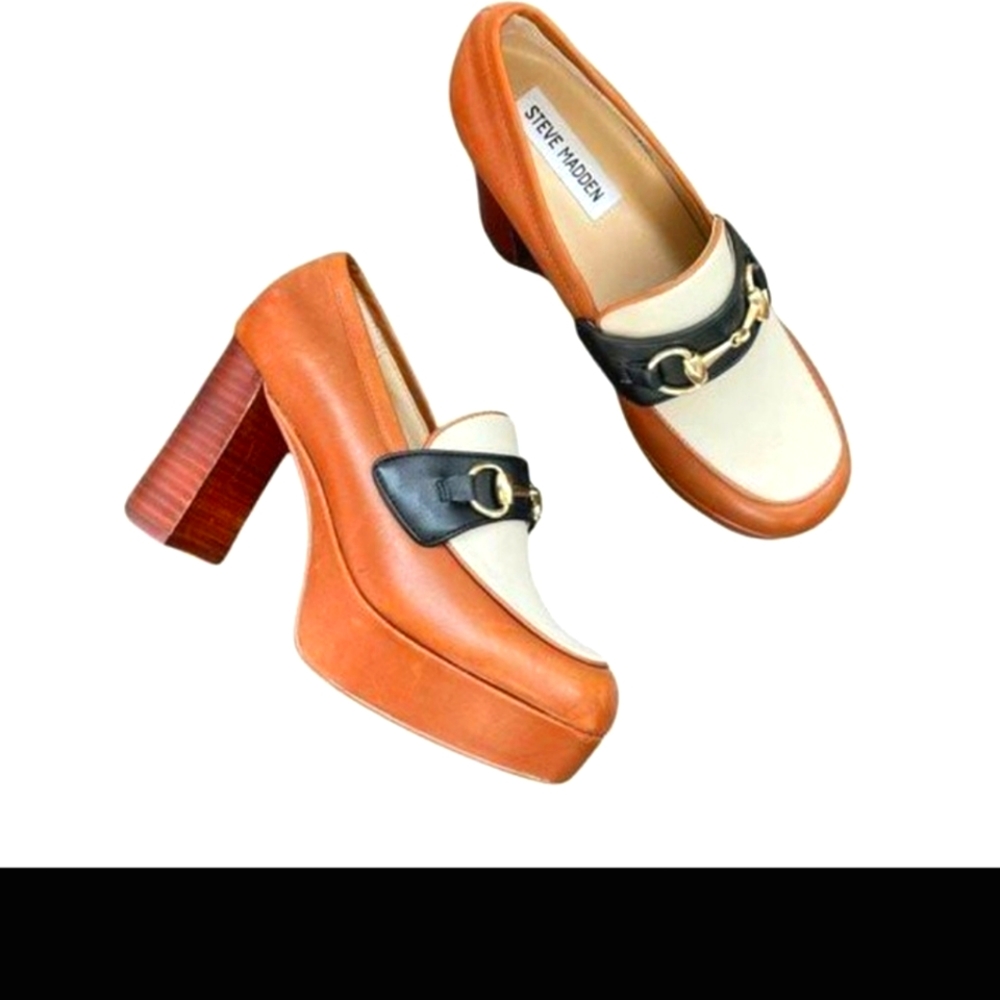 Pair of Steve Madden Tan, White and Black Color Block Platform Loafers Size 8.5